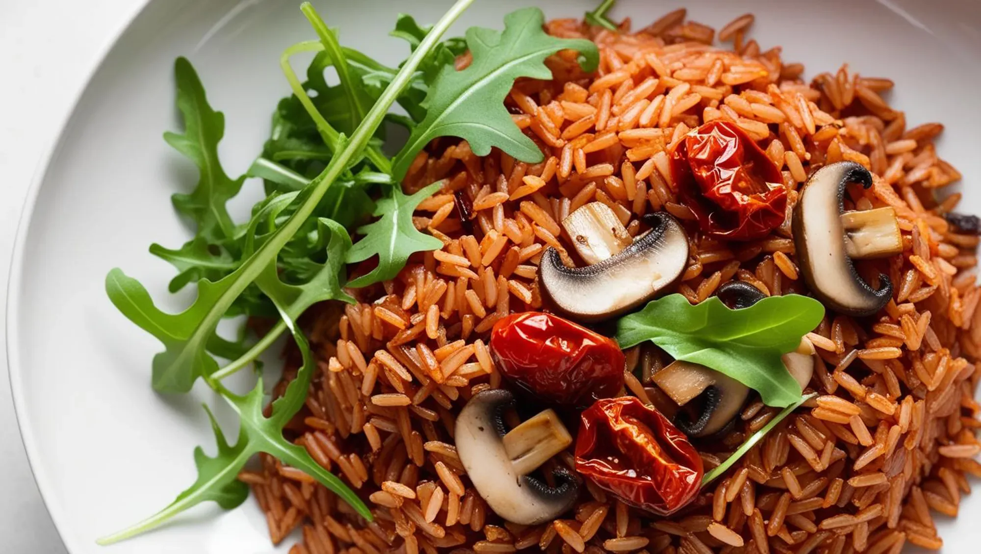 Fein & Farbfroh – Roter Jasminreis mit Pilzen und Rucola